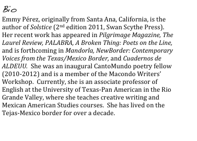 Bio
Emmy Pérez, originally from Santa Ana, California, is the author of Solstice (2nd edition 2011, Swan Scythe Press).  Her recent work has appeared in Pilgrimage Magazine, The Laurel Review, PALABRA, A Broken Thing: Poets on the Line, and is forthcoming in Mandorla, NewBorder: Contemporary Voices from the Texas/Mexico Border, and Cuadernos de ALDEUU.  She was an inaugural CantoMundo poetry fellow (2010-2012) and is a member of the Macondo Writers’ Workshop.  Currently, she is an associate professor of English at the University of Texas-Pan American in the Rio Grande Valley, where she teaches creative writing and Mexican American Studies courses.  She has lived on the Tejas-Mexico border for over a decade.

